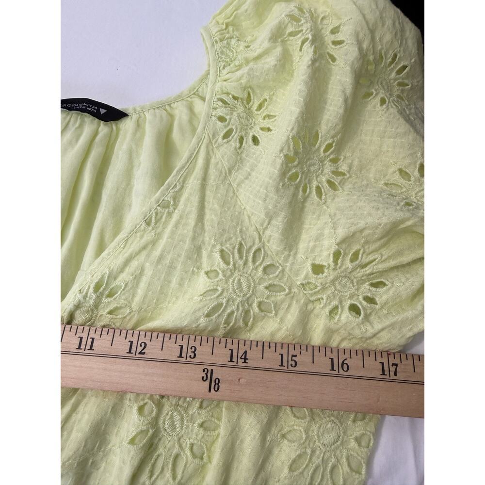 Zara Women’s XS Lime Green Eyelet Mini Wrap Dress Puff Sleeve Lined Cotton - Picture 10 of 13